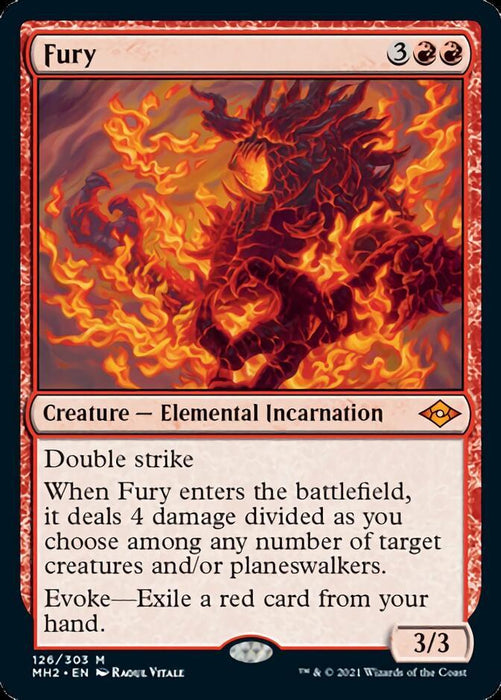A Magic: The Gathering card titled "Fury [Modern Horizons 2]" from Magic: The Gathering, illustrated by Raoul Vitale. It showcases an Elemental Incarnation made of fire. The card costs three generic mana and two red mana (3RR). It has a 3/3 power and toughness, features Double Strike, and deals 4 damage upon entering the battlefield.