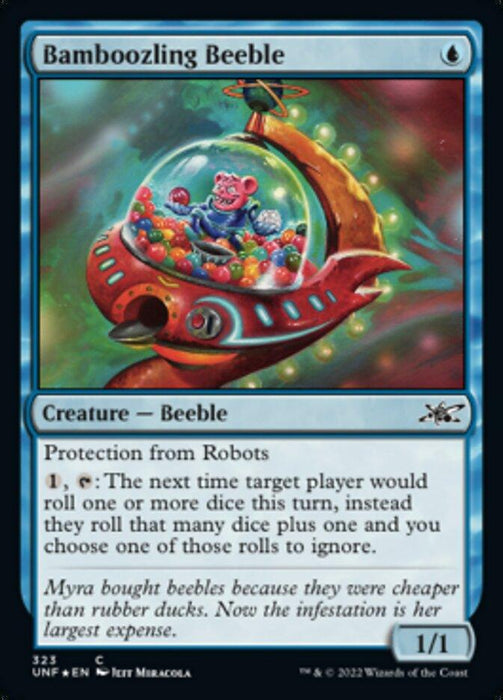 The image shows a Magic: The Gathering card titled "Bamboozling Beeble (Galaxy Foil)" from the Unfinity series. It depicts a whimsical beeble creature inside a transparent bubble cockpit, perched on a red, spaceship-like vehicle filled with vibrant balls. The card text highlights its protection from robots and includes entertaining flavor text.