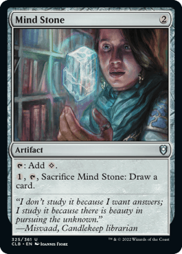 A Magic: The Gathering card titled "Mind Stone [Commander Legends: Battle for Baldur's Gate]" from Magic: The Gathering. This artifact, with a mana cost of 2 colorless mana, lets you add 1 colorless mana or pay 1 colorless, tap, and sacrifice it to draw a card. The artwork features a person holding a glowing, crystalline stone.