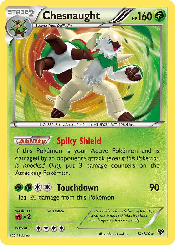 A Pokémon trading card depicts Chesnaught, a spiky, armored Grass creature with white fur and green armor. This Chesnaught (14/146) (Cosmos Holo) (Blister Exclusive) [XY: Base Set] card from the Pokémon brand features a yellow background with Chesnaught centered, showcasing its abilities 