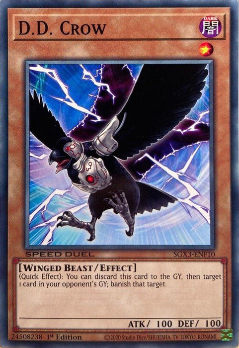 A Yu-Gi-Oh! trading card featuring "D.D. Crow [SGX3-ENF10] Common." The card's design shows a black crow with glowing purple eyes and mechanical wings, emitting a blue aura. It includes the card's name, type (Winged Beast/Effect), attributes, stats (ATK/100 DEF/100), and text describing its Quick Effect.