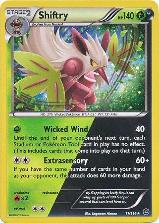 A Shiftry (11/114) (Cosmos Holo) [XY: Steam Siege] Pokémon trading card showcases the illustrated figure of Shiftry, positioned centrally with green leaves extending from its body. The card is bordered in yellow and features various stats, including 140 HP and attack moves such as "Wicked Wind" and "Extrasensory." This special promo card highlights Shiftry's darkness-themed abilities.