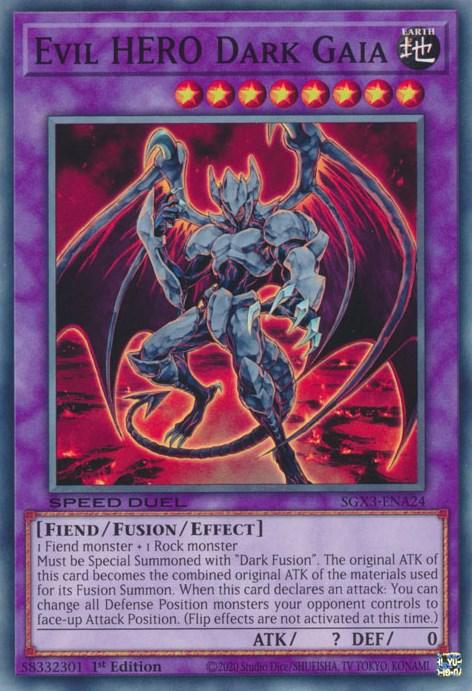 A "Yu-Gi-Oh!" trading card titled "Evil HERO Dark Gaia [SGX3-ENA24] Common." The card displays a menacing, winged fiend with rocky, muscular features and glowing red eyes against a dark purple background. This Effect Fusion Monster from Speed Duel GX has a Speed Duel identifier and text detailing its attributes, type, and effects.