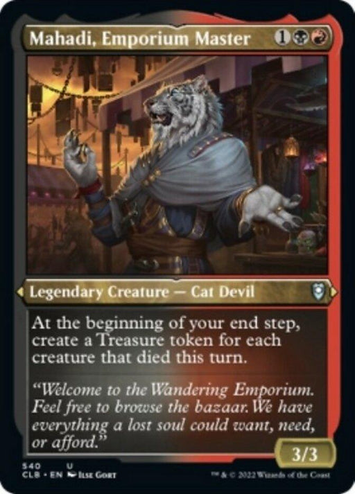 A Magic: The Gathering card titled "Mahadi, Emporium Master (Foil Etched) [Commander Legends: Battle for Baldur's Gate]." The card features a fierce, anthropomorphic cat devil in ornate clothing, set against a bustling market backdrop. This Legendary Creature from Commander Legends: Battle for Baldur's Gate has abilities and flavor text in standard black font, indicating its traits and powers.