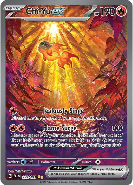 A Paldea Evolved Pokémon card featuring Chi-Yu ex (259/193) [Scarlet & Violet: Paldea Evolved] from the Pokémon brand, with 190 HP and Fire type. It boasts two attacks: "Jealously Singe," which discards the top 2 cards of the opponent's deck, and "Flame Surge," costing 3 energy that deals 100 damage and attaches 3 Basic Fire Energy cards from your deck to your Benched Pokémon.