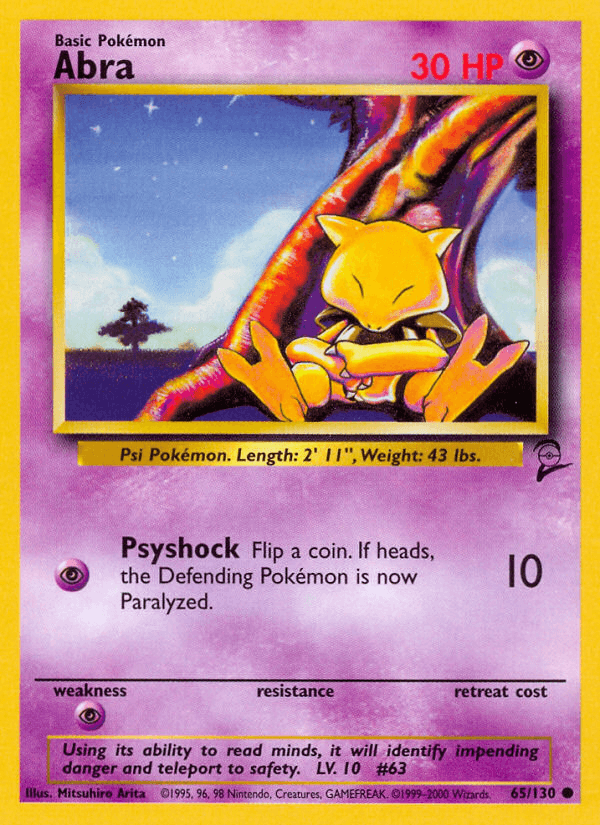 An Abra Pokémon card from the Base Set 2, numbered 65/130, features 30 HP. The card has a purple background showcasing Abra sitting and holding its head. It includes a Psychic attack called 