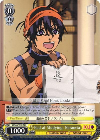 An anime-style trading card from JoJo's Bizarre Adventure: Golden Wind features Narancia, a dark-haired character wearing a headband and sleeveless top. He's holding up a piece of paper with a partially solved math problem. Text at the bottom includes card info: "Bad at Studying, Narancia" (JJ/S66-TE01 TD) [JoJo's Bizarre Adventure: Golden Wind], "Golden Wind," and "Stand User." Perfect for your Trial Deck! This product is brought to you by Bushiroad.