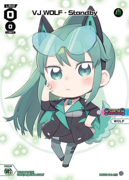 A chibi-style anime character with teal hair, fox ears, and a black outfit with green accents. The character is standing with one hand on their cheek, looking pensive. The background is light green with circular patterns. Text on the promo card includes "VJ WOLF - Standby (Chibi) (WXDi-P043) [Promo Cards]" and "TOMY". Release Date TBA.