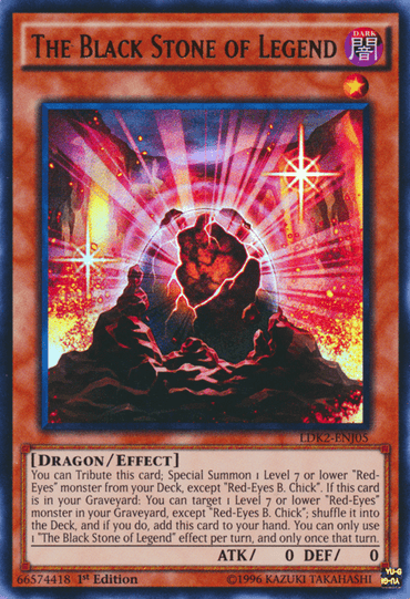 A Yu-Gi-Oh! card titled "The Black Stone of Legend [LDK2-ENJ05] Ultra Rare," featured in the Legendary Decks II collection. The card showcases a glowing black and red gemstone emitting rays of light against an abstract, fiery pattern. Its text details special abilities, marking it as a Dragon/Effect monster with 0 ATK and 0 DEF, crucial for summoning Red-Eyes monsters.