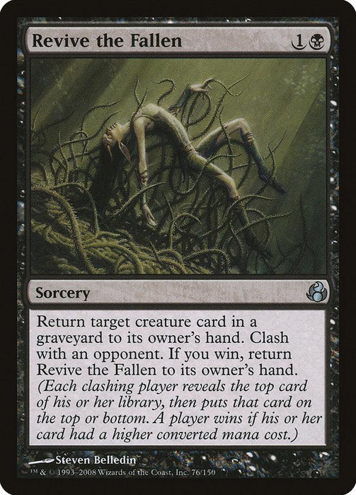 A "Magic: The Gathering" card titled "Revive the Fallen [Morningtide]." The artwork depicts a person entangled in dark, thorny vines in a misty forest. This Morningtide sorcery costs 1 black mana and 1 generic mana, and it returns a creature card from a graveyard to its owner's hand.
