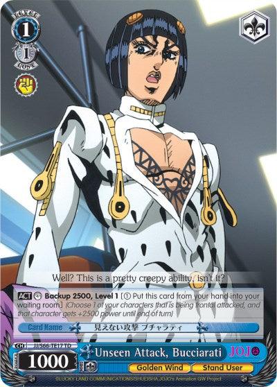 A character from the anime "JoJo's Bizarre Adventure: Golden Wind" is shown in a trading card. The character, with dark hair and wearing a white outfit detailed with black designs, has an intense expression. Text at the bottom reads "Unseen Attack, Bucciarati (JJ/S66-TE17 TD) [JoJo's Bizarre Adventure: Golden Wind]," providing stats with a yellow diamond emblem on the Trial Deck card by Bushiroad.