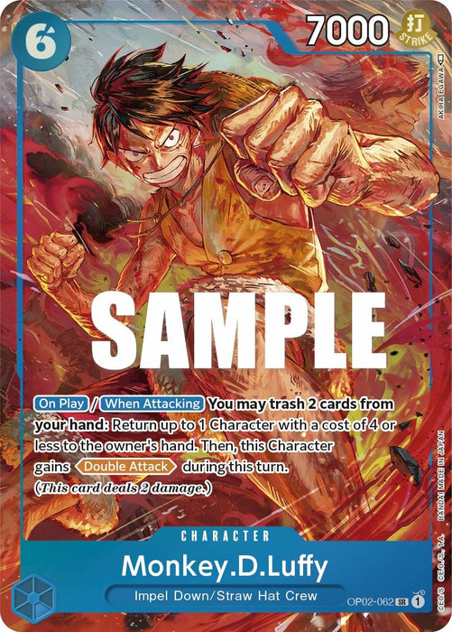 A Monkey.D.Luffy (Alternate Art) [Paramount War] trading card of Monkey.D.Luffy from the Impel Down/Straw Hat Crew series. The card, featuring Luffy in a dynamic action pose with red and yellow hues, details his abilities and carries identifiers "7000," "6," and "OP02-062." The word "SAMPLE" is overlaid on this Character Card from the Paramount War saga, by Bandai.