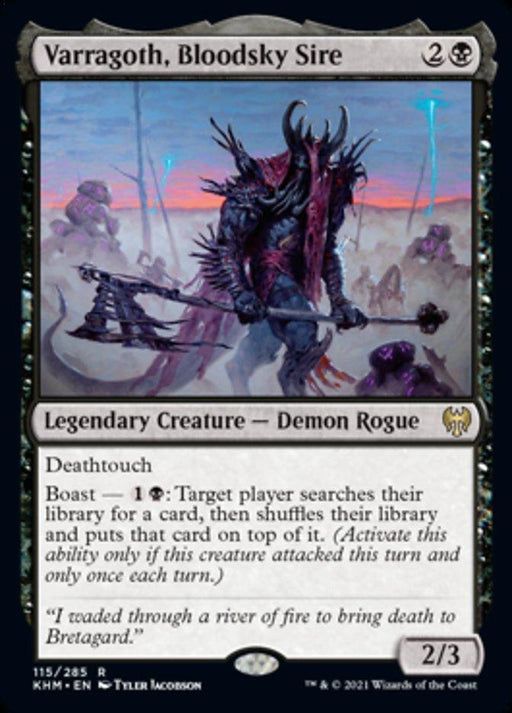 The image shows a Magic: The Gathering card called "Varragoth, Bloodsky Sire [Kaldheim]" from Magic: The Gathering. It has a black border and depicts a legendary demon rogue in dark armor wielding a scythe. The card's cost is 2 colorless and 1 black mana. It has deathtouch and a boast ability for 1 black and 1 colorless mana.