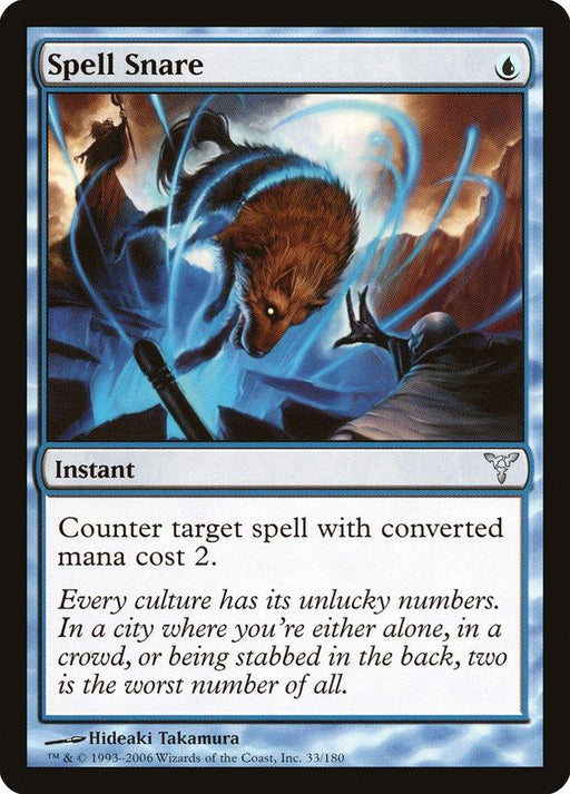 A "Magic: The Gathering" card from the Dissension set named Spell Snare [Dissension]. The artwork depicts a dramatic scene where a small, rodent-like creature is caught mid-air in a blue energy snare cast by a mysterious hand. An uncommon card, its text reads, “Counter target spell with converted mana cost 2.”