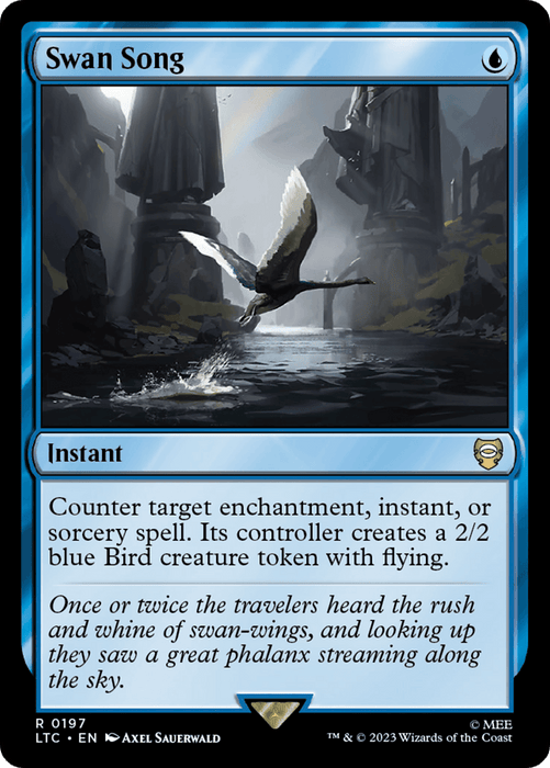 A "Magic: The Gathering" card titled "Swan Song [The Lord of the Rings: Tales of Middle-Earth Commander]." The card has a blue background and a scene depicting a swan flying over a serene body of water with cliffs in the background. Text reads: "Counter target enchantment, instant, or sorcery spell. Its controller creates a 2/2 blue Bird creature token with flying." This rare instant echoes the enchanting themes found in Magic: The Gathering.