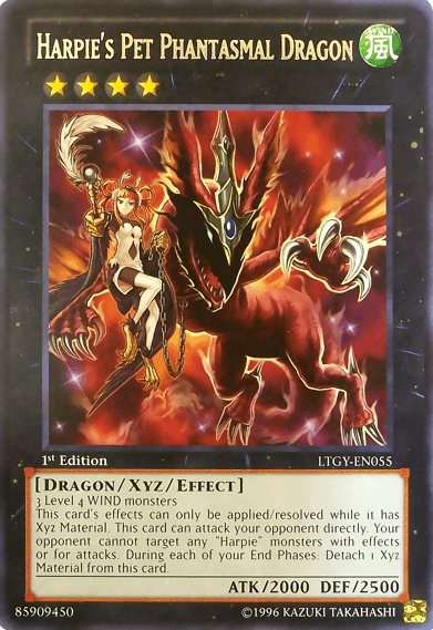 A Yu-Gi-Oh! trading card titled "Harpie's Pet Phantasmal Dragon [LTGY-EN055] Rare" from the Lord of the Tachyon Galaxy series features a fierce red and black dragon with golden accents. A woman with wings rides on its back. This 4-star Xyz/Effect Monster boasts 2000 ATK and 2500 DEF, along with a detailed effect description in a text box.