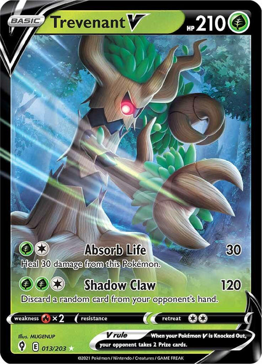 A Pokémon Trevenant V (013/203) [Sword & Shield: Evolving Skies] trading card from the Evolving Skies set featuring Trevenant V, a tree-like creature with glowing red eyes and large tree branches for arms. This Ultra Rare card has 210 HP and shows two attacks: "Absorb Life" which heals 30 damage and "Shadow Claw," inflicting 120 damage while discarding a random card from the opponent's hand.