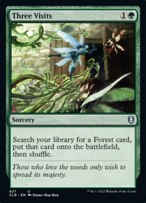 A fantasy card titled "Three Visits [Commander Legends: Battle for Baldur's Gate]" from Magic: The Gathering features a glowing blue fairy hovering amidst dense, lush green vines. The background shows an ancient, ivy-covered stone structure. Below, the uncommon sorcery reads: "Search your library for a Forest card, put that card onto the battlefield, then shuffle.