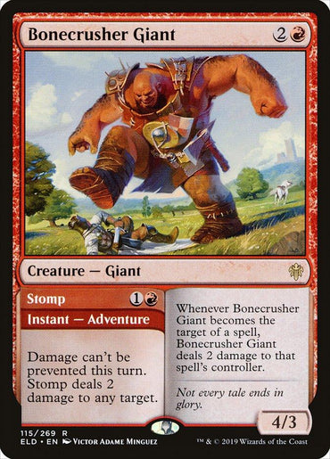 A Magic: The Gathering card titled "Bonecrusher Giant // Stomp [Throne of Eldraine]" from the Throne of Eldraine set. This rare creature costs 2 colorless and 1 red mana. The artwork features a giant with a red hue smashing the ground with his club, soldiers fleeing in the foreground. It has 4 power, 3 toughness, and includes Stomp, an Adventure instant.