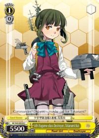 The 6th Yugumo-class Destroyer, Takanami Kai (KC/S42-E020 C) [KanColle: Arrival! Reinforcement Fleets from Europe!] from Bushiroad showcases a young girl with green hair and yellow eyes, donned in a red and white sailor outfit with a green bow. Surrounded by naval equipment and weapons, the card features a yellow background with honeycomb patterns, various stats, and text at the bottom.