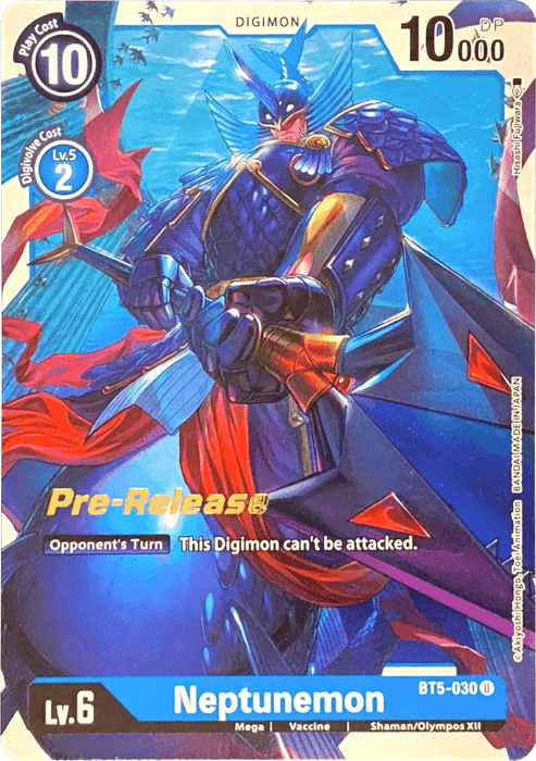 The image showcases a Digimon card named Neptunemon [BT5-030] from the Battle of Omni Pre-Release Promos series. This card depicts a blue and purple armored Neptunemon brandishing a trident, set against an energetic, swirling backdrop. It is classified as a Level 6 Mega Vaccine type, featuring the special note: "Opponent's Turn: This Digimon can't be attacked.