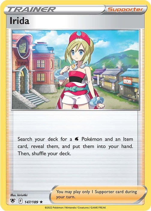 A Pokémon Irida (147/189) [Sword & Shield: Astral Radiance] trading card featuring Irida, a Supporter Trainer card from the Astral Radiance set. Irida stands in front of a colorful town scene with blue skies, wearing a red and white outfit and headband. The card text describes her ability to search your deck for a Water Pokémon and an Item card, reveal them, and put them in your hand.