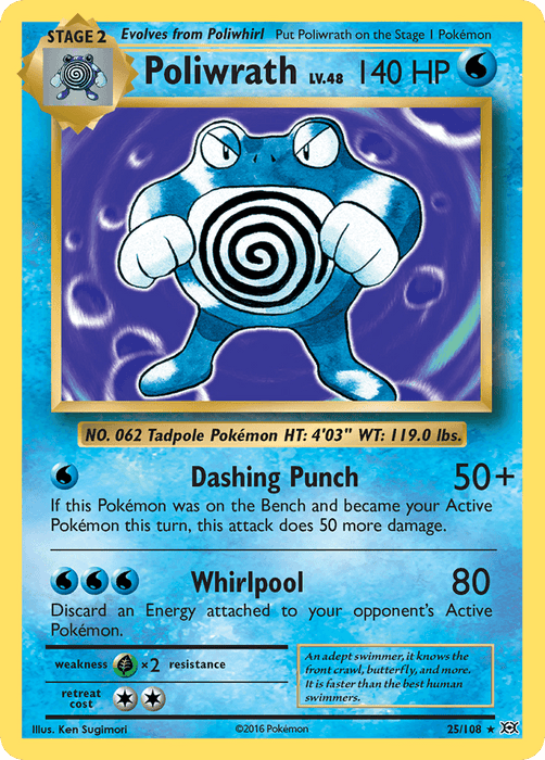 Image of a Holo Rare Pokémon trading card featuring Poliwrath (25/108) [XY: Evolutions] from Pokémon. It's a Stage 2, Water-type Pokémon with 140 HP. The card details include two moves: "Dashing Punch" (50+ damage) and "Whirlpool" (80 damage). The card has a blue background with water drop icons and illustrations by Ken Sugimori (25/108).