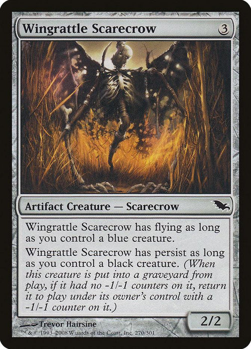 A Magic: The Gathering card from Shadowmoor titled Wingrattle Scarecrow [Shadowmoor]. This artifact creature has a converted mana cost of 3 and a power/toughness of 2/2. It features conditional flying and persist abilities, beautifully illustrated by Trevor Hairsine.