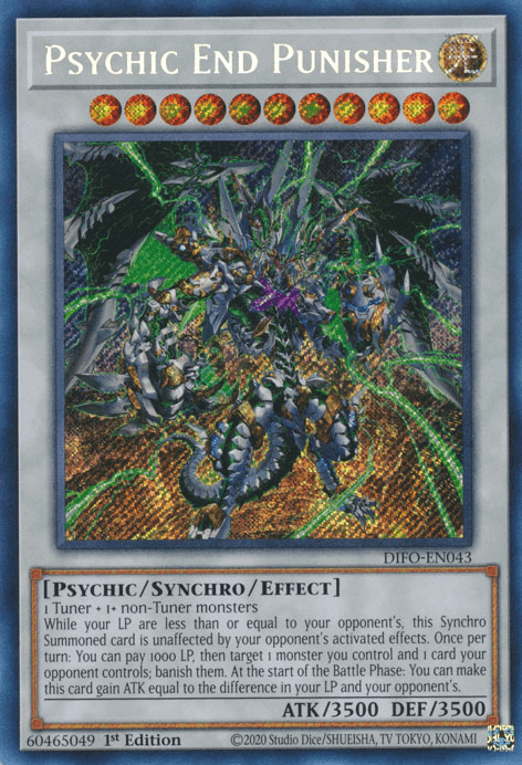 Image of a Yu-Gi-Oh! trading card titled "Psychic End Punisher [DIFO-EN043] Secret Rare," a Synchro/Effect Monster from the Dimension Force set. The card, in Secret Rare rarity, features a robotic humanoid with green and white armor wielding glowing weapons in an intense, futuristic battle scene. The card has ATK 3500 and DEF 3500 and includes its summoning.