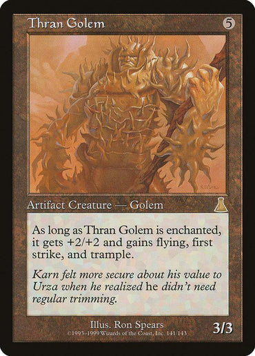 The Magic: The Gathering card titled "Thran Golem [Urza's Destiny]" features a colossal, humanoid golem composed of stone and metal, decorated with jagged spikes. Surrounded by a brown background border, this Artifact Creature gains additional abilities when enchanted and has a Power/Toughness of 3/3.