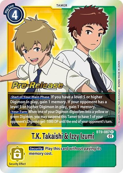 The image is a Digimon trading card titled T.K. Takaishi & Izzy Izumi [BT9-087] [X Record Pre-Release Promos]. It features two Tamers, with a rainbow-colored security banner at the bottom and a circular blue Level 4 indicator at the top left. As part of the X Record Pre-Release Promos, it details various effects and abilities in text blocks and icons.