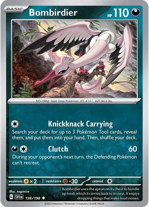 A Pokémon trading card featuring Bombirdier (138/198) [Scarlet & Violet: Base Set], an Uncommon Item Drop Pokémon with 110 HP from the Scarlet & Violet series. The card showcases Bombirdier holding a food pouch in its beak, flying over mountains. It has attacks "Knickknack Carrying" and "Clutch." Weakness: Electric ×2, Resistance: Fighting -30, Retreat Cost: 1 Color.

Brand Name: Pokémon