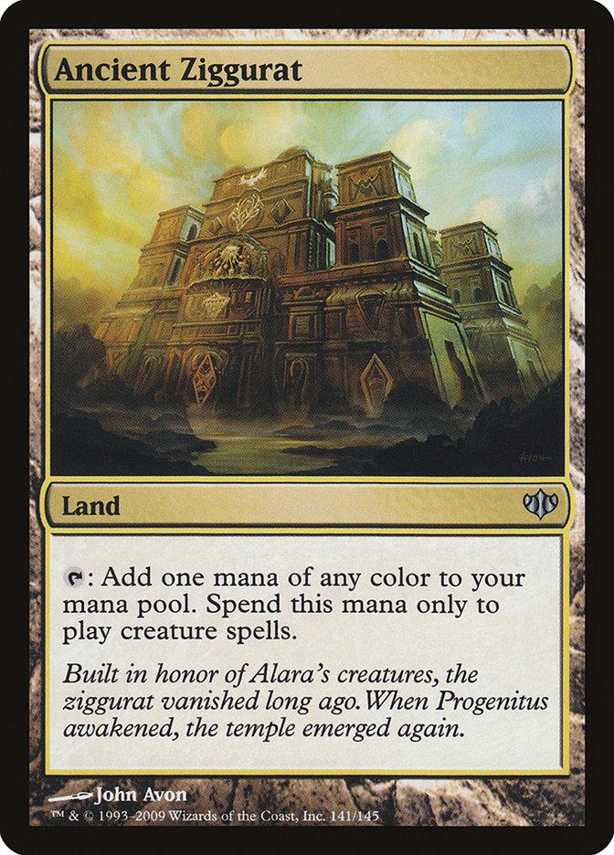 The image is of the Magic: The Gathering product "Ancient Ziggurat [Conflux]". It features an illustration of a grand, worn ziggurat with steps, flanked by dark, mystical architecture. The text box details its ability to add mana of any color for casting creature spells. Text credits John Avon as the artist.