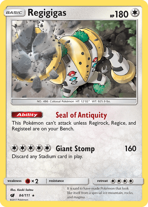 A Pokémon Regigigas (84/111) [Sun & Moon: Crimson Invasion] trading card from the Crimson Invasion set featuring Regigigas. This Holo Rare has 180 HP, is a colorless type, and evolves from no other Pokémon. Its ability, "Seal of Antiquity," prevents attacks unless Regirock, Regice, and Registeel are in play. "Giant Stomp" deals 160 damage and discards any Stadium card.