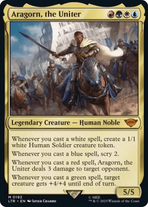 A Magic: The Gathering card titled "Aragorn, the Uniter [The Lord of the Rings: Tales of Middle-Earth]". It depicts a warrior on horseback with soldiers behind. This Legendary Creature's abilities trigger when casting white, blue, red, or green spells. Power and toughness stand at 5/5.