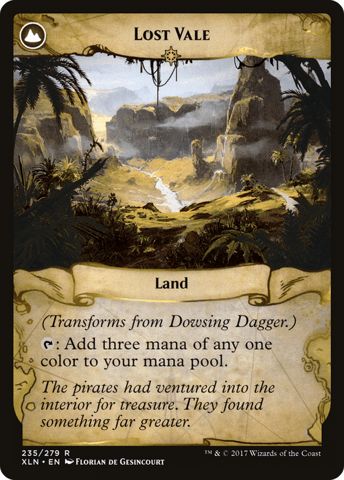 Magic: The Gathering card titled "Dowsing Dagger // Lost Vale [Secret Lair: From Cute to Brute]." It is a land card that transforms from Dowsing Dagger. Tap: Add three mana of any one color to your mana pool. The pirates ventured into the interior for treasure and discovered something far greater. Its art depicts a lush, mountainous valley in Secret Lair.