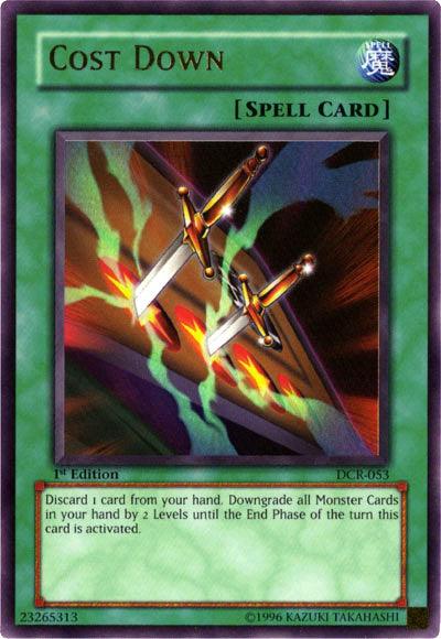 A "Yu-Gi-Oh!" card titled "Cost Down [DCR-053] Ultra Rare" from the Dark Crisis set, with a green border indicating it's a Normal Spell Card. The artwork features two glowing swords pointing downward towards a dark, swirling background. As an Ultra Rare card, its effect allows you to discard 1 card to downgrade all Monster Cards in hand by 2 Levels for the turn.