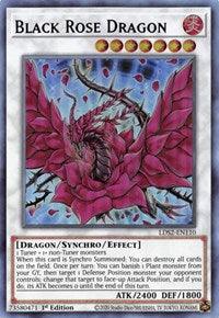 A "Yu-Gi-Oh!" trading card titled "Black Rose Dragon (Purple) [LDS2-EN110] Ultra Rare" from Legendary Duelists: Season 2. The card features a fiery, red Synchro/Effect Monster dragon with rose petals surrounding it. Its effects include destroying all cards on the field and altering attack positions. ATK: 2400, DEF: 1800.