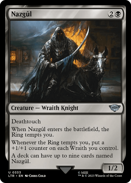 A Magic: The Gathering card named "Nazgul (333) [The Lord of the Rings: Tales of Middle-Earth]" from Magic: The Gathering. It has a dark, menacing illustration of a black-robed Wraith Knight holding a sword, riding a horse. Costing 2B mana, it has 1 power and 2 toughness with Deathtouch and Ring tempts abilities that add +1/+1 counters to Wraith.