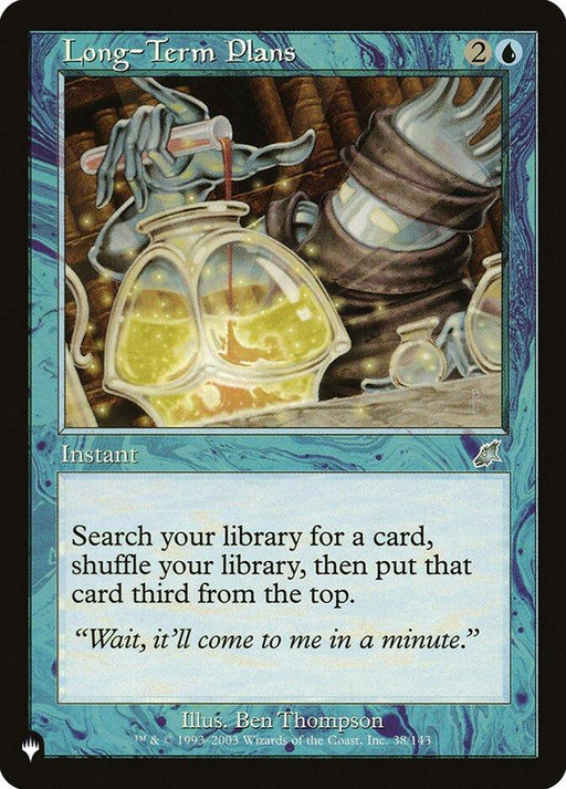 A Magic: The Gathering card titled "Long-Term Plans [Secret Lair: Heads I Win, Tails You Lose]." The blue marbled border showcases artwork of scientific apparatuses and a hand holding a flask. This uncommon instant reads: "Search your library for a card, shuffle your library, then put that card third from the top." Quote: "Wait, it’ll come to me in a minute." Illustrated by Ben Thompson with production details below.