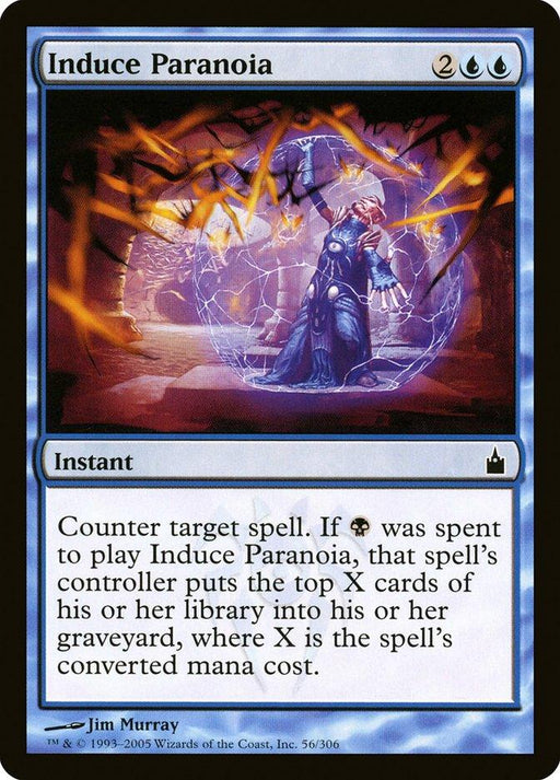 Induce Paranoia [Ravnica: City of Guilds], a Magic: The Gathering instant from Ravnica: City of Guilds, features a robed, armored figure casting dark energy and conjuring otherworldly creatures. Costing 2 generic and 2 blue mana, it can counter target spell and mill cards based on its converted mana cost if black mana is used.