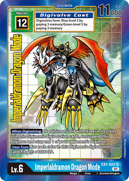 An Imperialdramon Dragon Mode [EX1-022] (Alternate Art) [Classic Collection] Digimon card with a blue background. The Digimon has a metallic, dragon-like appearance with crimson wings, white claws, and yellow and blue armor. The card features an 11,000 DP value, a play cost of 12, and belongs to the Mega level and Ancient Dragon type.