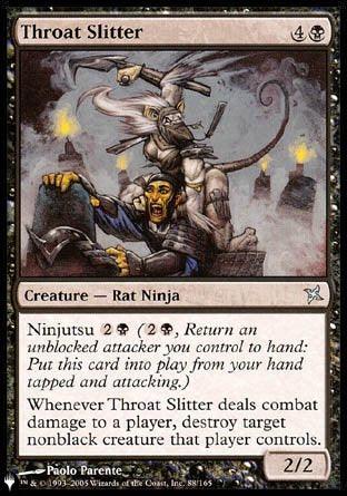 The Magic: The Gathering card "Throat Slitter [The List]" is a Creature - Rat Ninja with 2/2 power and toughness, costing 4B mana. It boasts the Ninjutsu ability for 2B, allowing it to slip past defenses. When Throat Slitter deals combat damage to a player, destroy target nonblack creature they control.