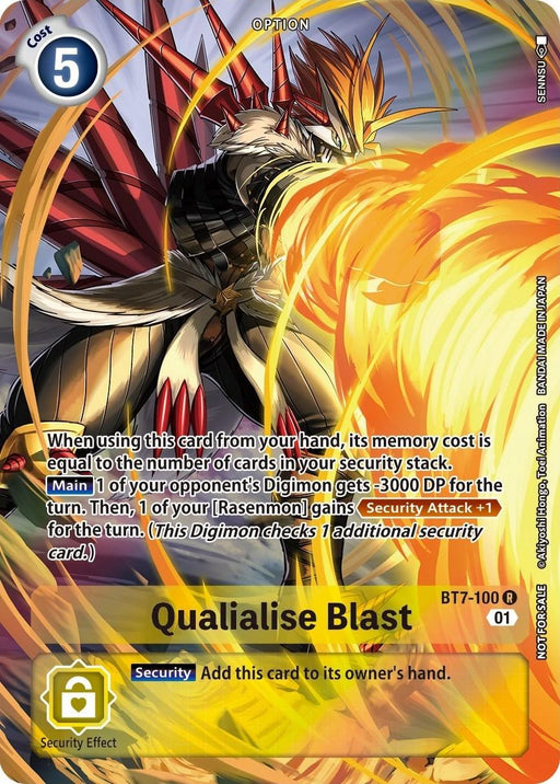 The Qualialise Blast [BT7-100] card from the Summer 2022 Dash Pack (Next Adventure Promos) by Digimon features a cost of 5 and displays a striking creature in yellow and red armor with wings, ready for action. Its effect decreases an opponent's Digimon's DP while enhancing your security attack.