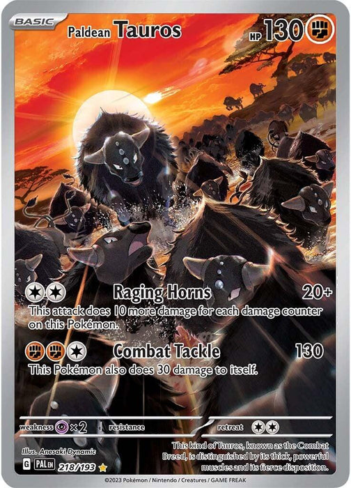 A Pokémon card from Scarlet & Violet: Paldea Evolved featuring an Illustration Rare of Paldean Tauros with multiple black bull-like creatures charging forward with glowing eyes. The text details its attacks: "Raging Horns" and "Combat Tackle." The card's stats include HP 130, weakness to grass, and a retreat cost of one energy. The product name is Paldean Tauros (218/193) [Scarlet & Violet: Paldea Evolved], and the brand name is Pokémon.