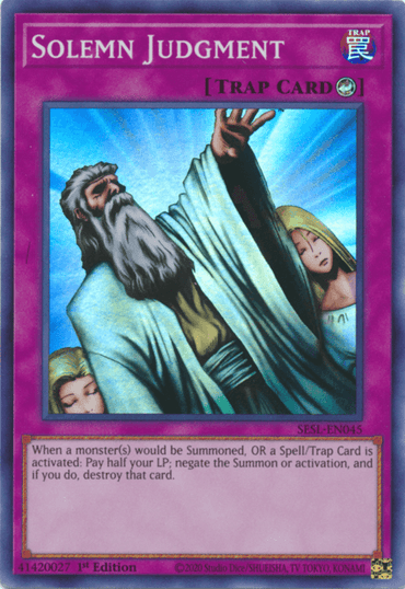 A Yu-Gi-Oh! Trap Card titled "Solemn Judgment [SESL-EN045] Super Rare" with a purple background. The art depicts an older man with a white beard and robe raising his hand, with two figures behind him. As a Super Rare Counter Trap from the Secret Slayers set, it negates Summons or activations at the cost of half your LP.