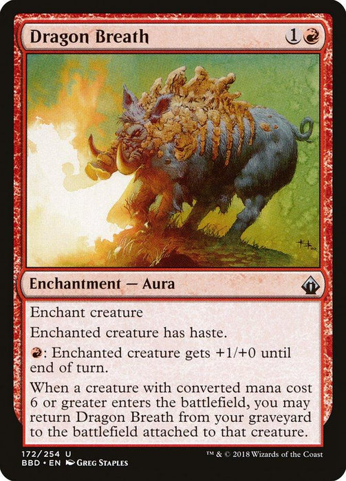 Magic: The Gathering card titled "Dragon Breath [Battlebond]." This red Aura Enchantment from the Battlebond series features a boar-like creature breathing fire. With a casting cost of 1 generic and 1 red mana, it grants haste and can return from the graveyard when a high-cost creature enters the battlefield. Art by Greg Staples.