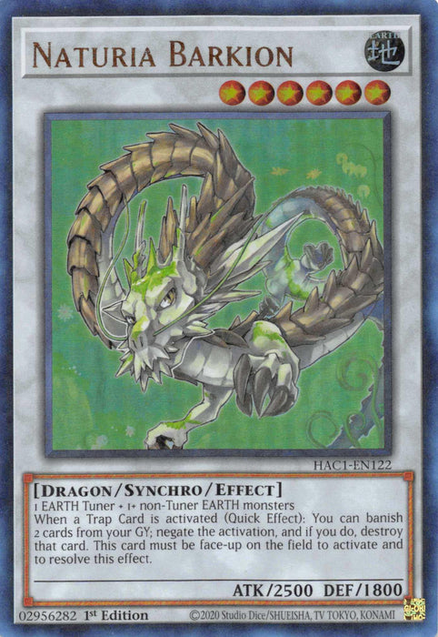 A Yu-Gi-Oh! trading card from Hidden Arsenal: Chapter 1 depicts "Naturia Barkion (Duel Terminal) [HAC1-EN122] Parallel Rare," a dragon-like creature with green and brown scales and large, curved horns. It has glowing green eyes and is surrounded by a green aura. This Synchro/Effect Monster boasts an impressive ATK of 2500 and DEF of 1800, detailing its summoning conditions and