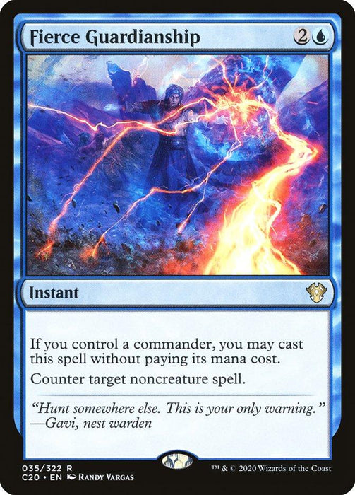 A Magic: The Gathering product titled Fierce Guardianship [Commander 2020] shows a cloaked figure conjuring a powerful lightning spell amid a dark background. Rare and instant, it allows you to cast without paying its mana cost if you have a commander. It counters a noncreature spell. Text reads: "Hunt somewhere else. This is your only warning.' - G