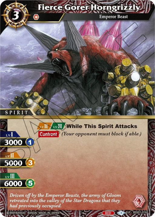 A Bandai trading card featuring "Fierce Gorer Horngrizzly (BSS01-016) [Dawn of History]." The creature has red fur, large horns, and metal gauntlets with spikes. Stats: Level 1 (3000 BP), Level 2 (5000 BP), Level 3 (6000 BP). Ability forces opponent's block. Background shows a fiery scene.